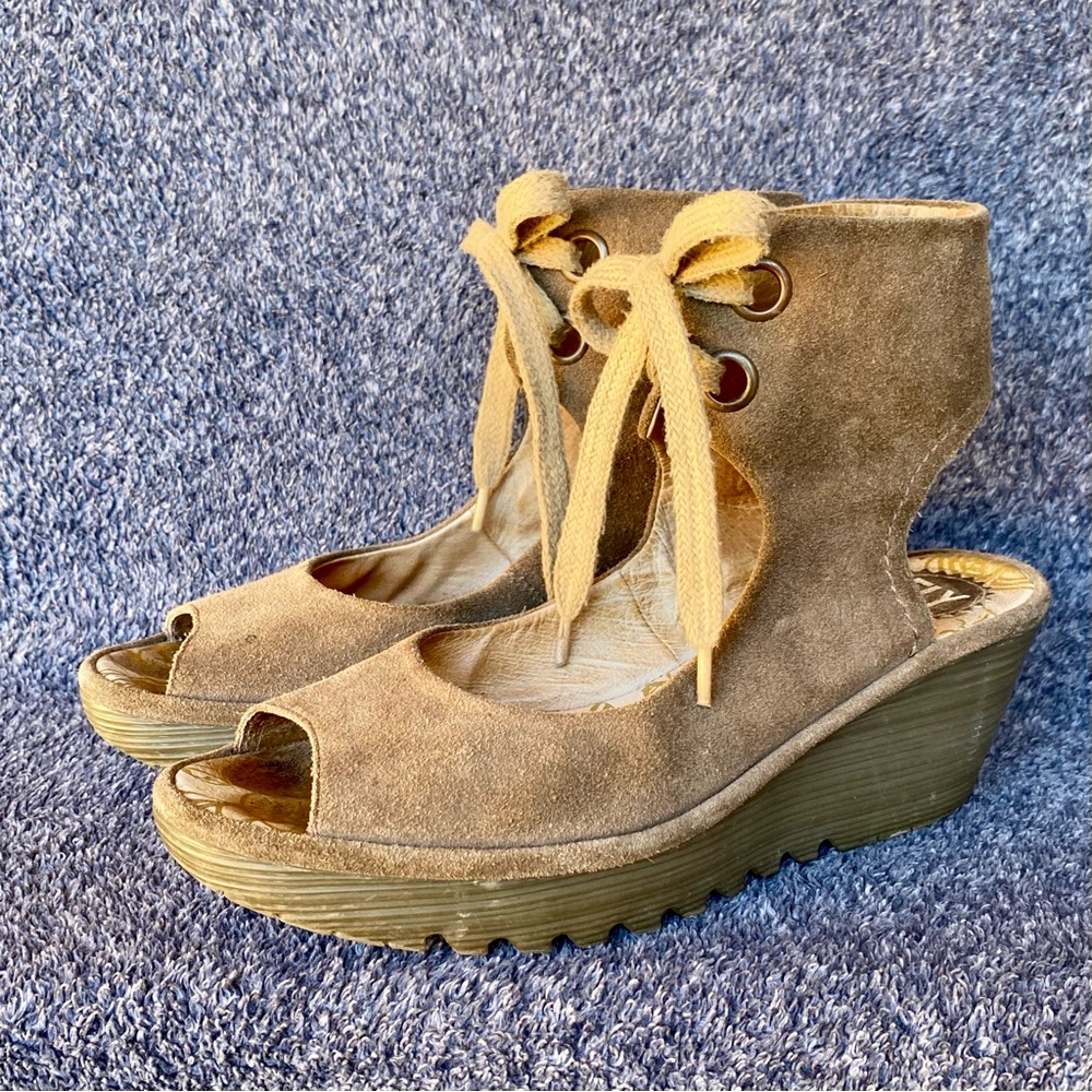 Fly London Tan Wedge Sandals with Ankle Strap and Sturdy Sole